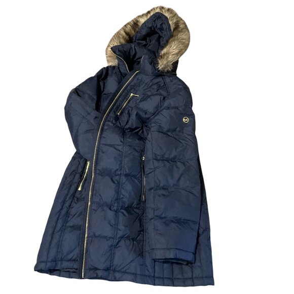 Michael Kors ,Navy Blue Hooded Puffer Jacket With Faux Fur Trimmed Hood & Gold Z - Picture 4 of 12